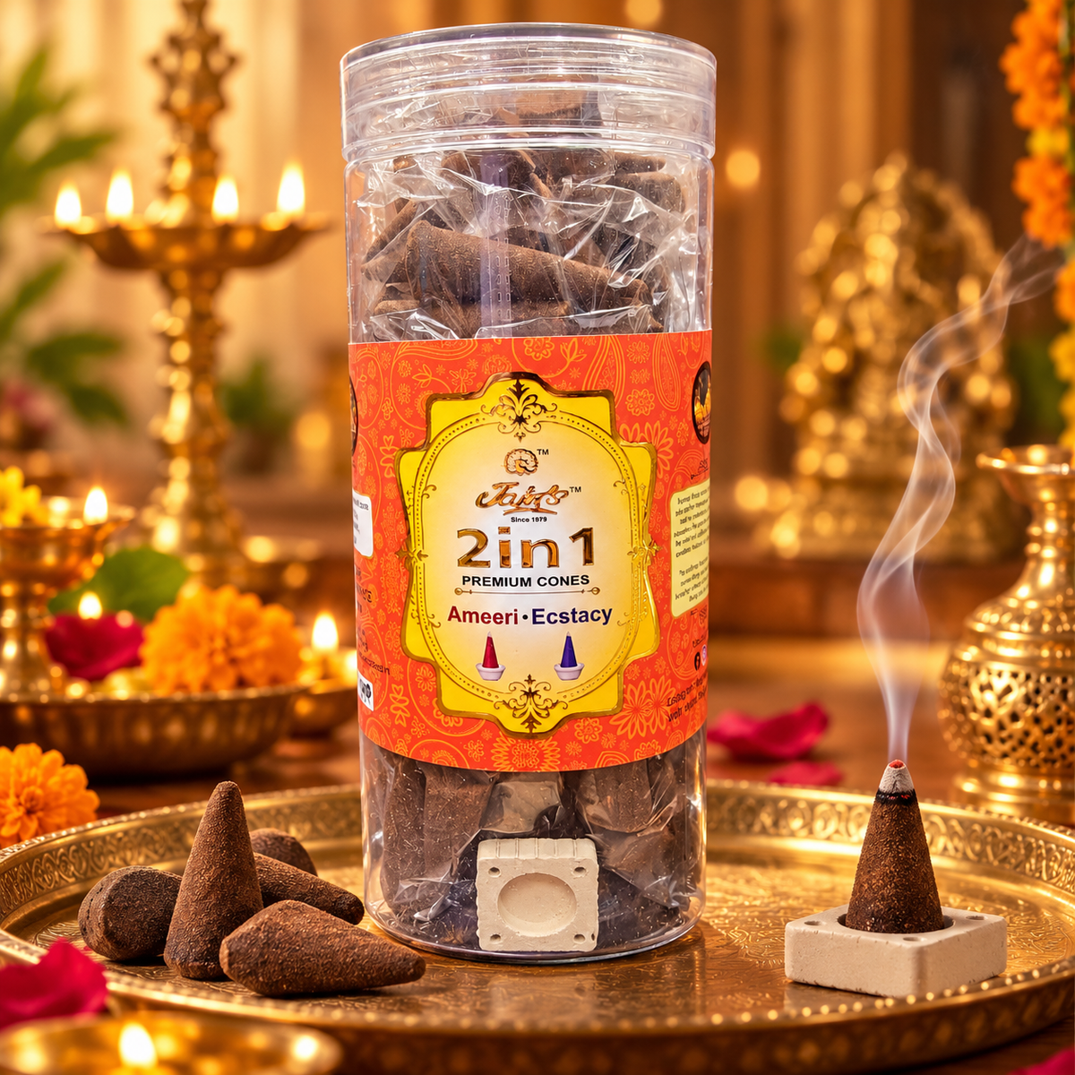 Jain’s Premium 2 in 1 Incense Dhoop Cones, Ameeri (Arabic) & Ecstasy (Floral)