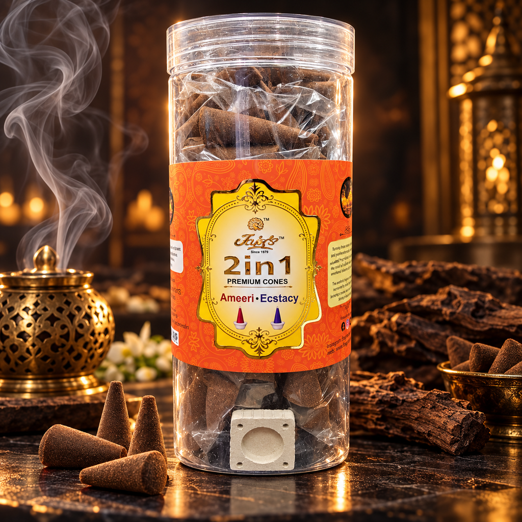 Jain’s Premium 2 in 1 Incense Dhoop Cones, Ameeri (Arabic) & Ecstasy (Floral)