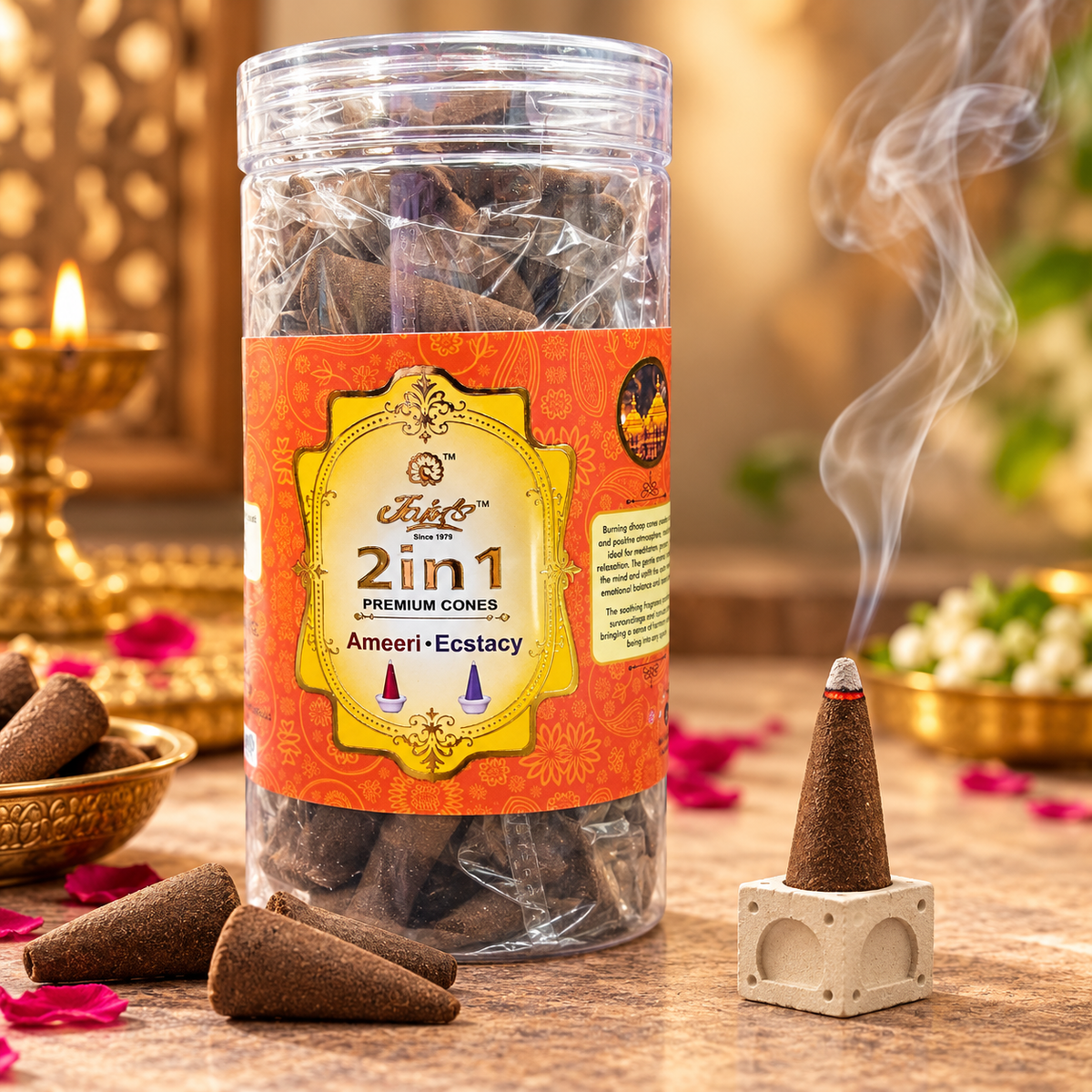 Jain’s Premium 2 in 1 Incense Dhoop Cones, Ameeri (Arabic) & Ecstasy (Floral)