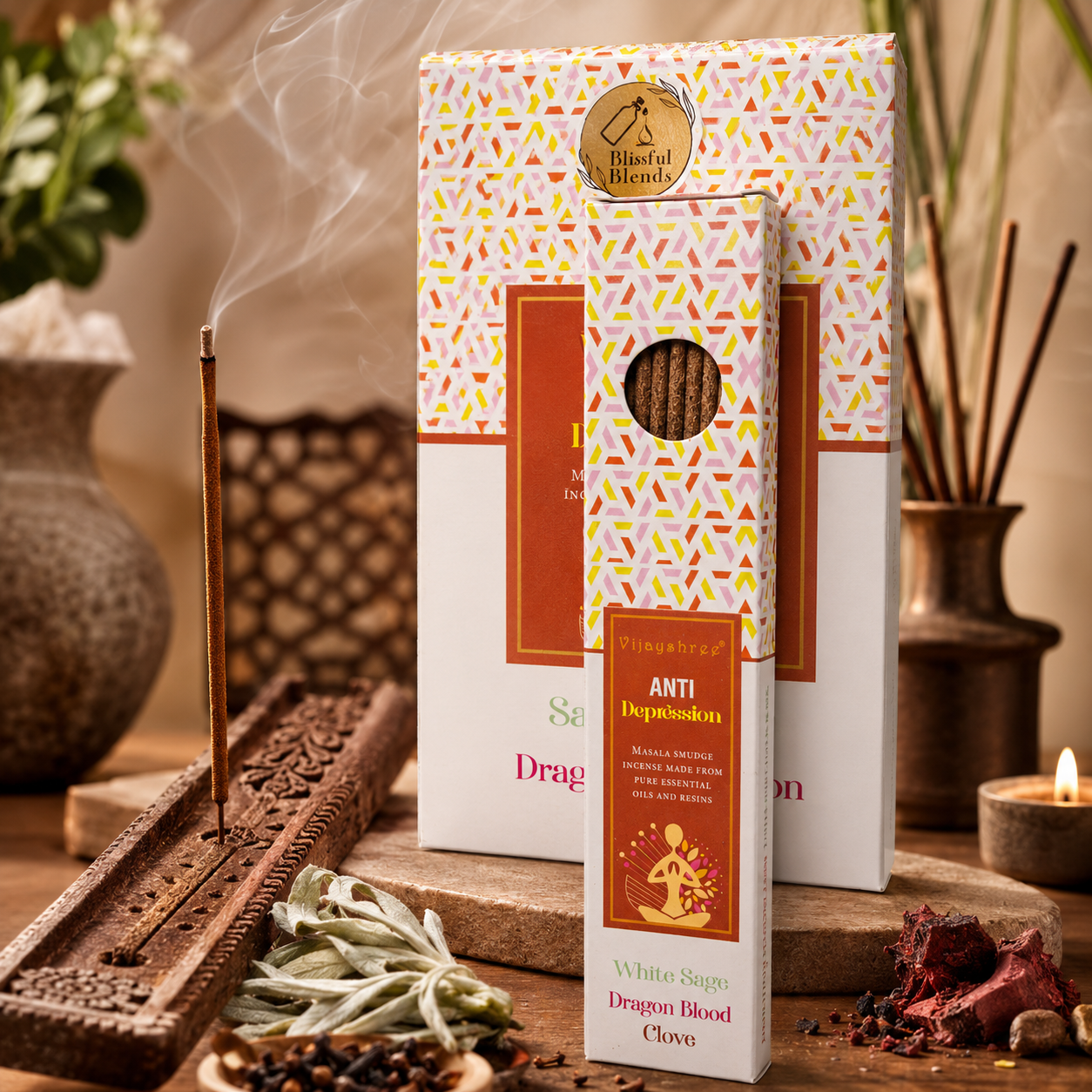 Vijayshree Anti Depression Incense Sticks – White Sage, Dragon Blood & Clove (25g)