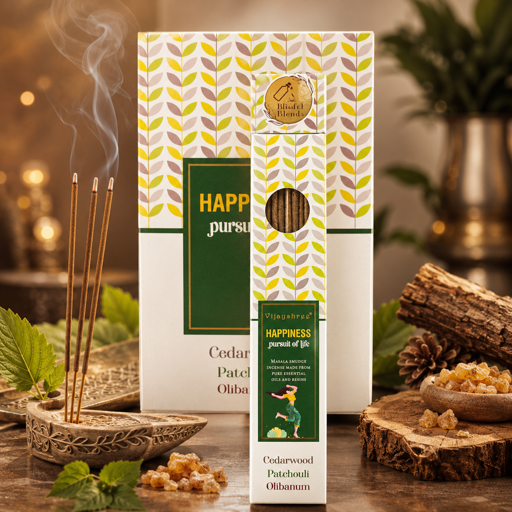 Vijayshree Happiness Incense Sticks – Cedarwood, Patchouli & Olibanum (25g)