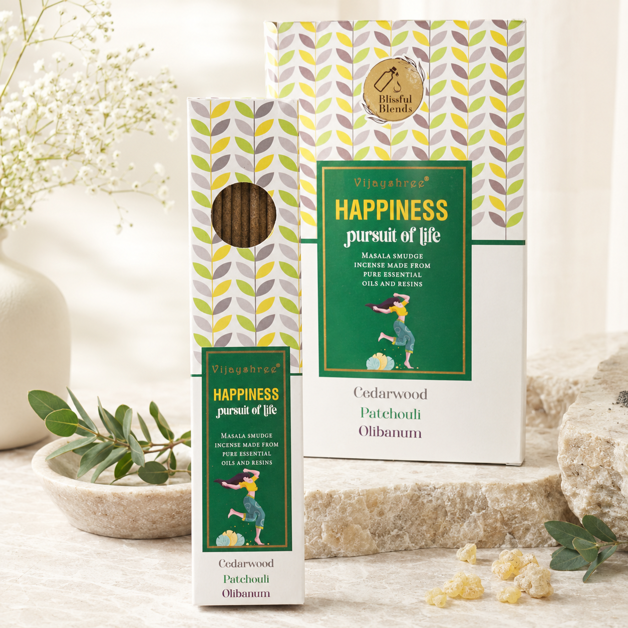 Vijayshree Happiness Incense Sticks – Cedarwood, Patchouli & Olibanum (25g)