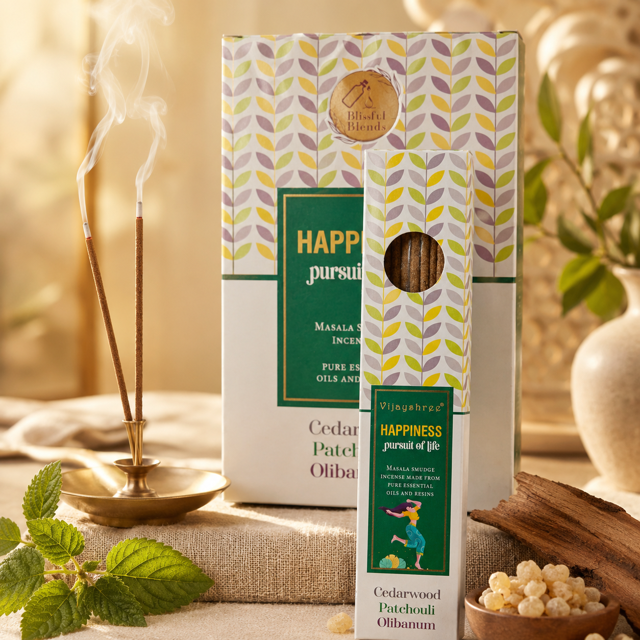 Vijayshree Happiness Incense Sticks – Cedarwood, Patchouli & Olibanum (25g)