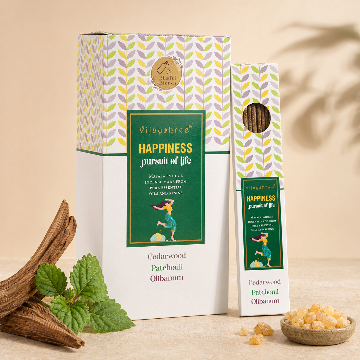 Vijayshree Happiness Incense Sticks – Cedarwood, Patchouli & Olibanum (25g)