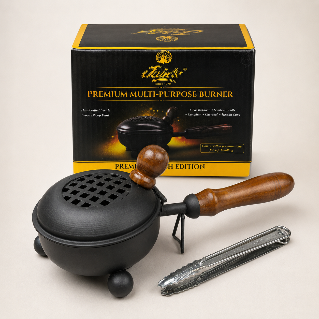 Jain's Premium Multi-Purpose Burner – Handcrafted Iron & Wood Dhoop Dani (with Free Tong)