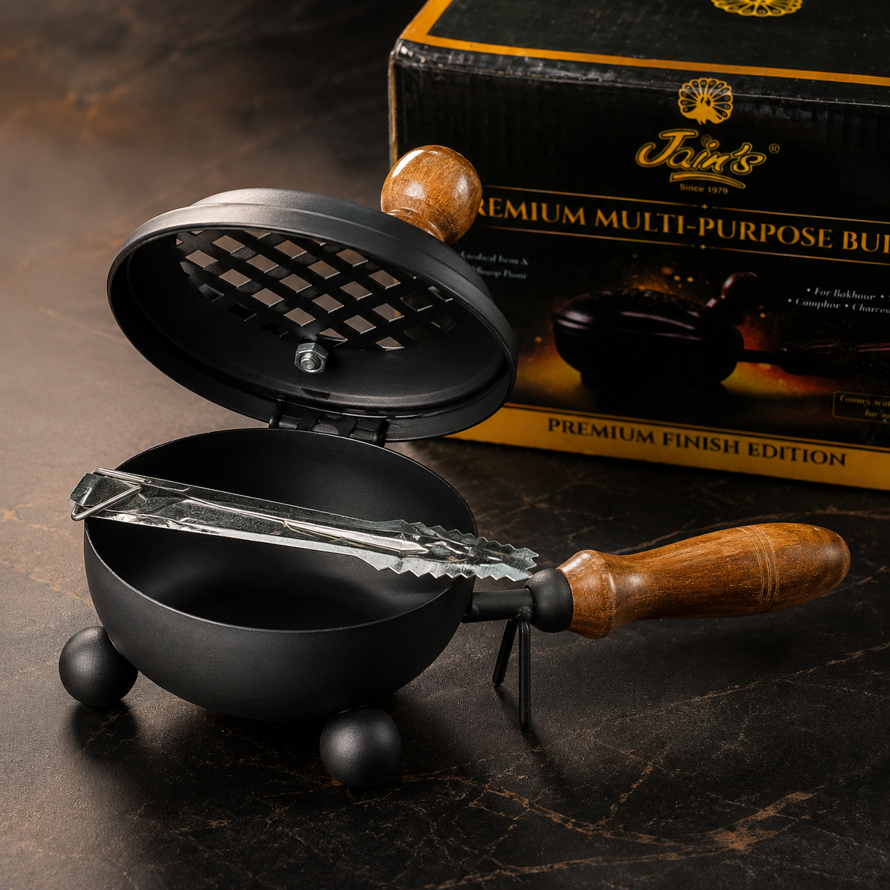 Jain's Premium Multi-Purpose Burner – Handcrafted Iron & Wood Dhoop Dani (with Free Tong)