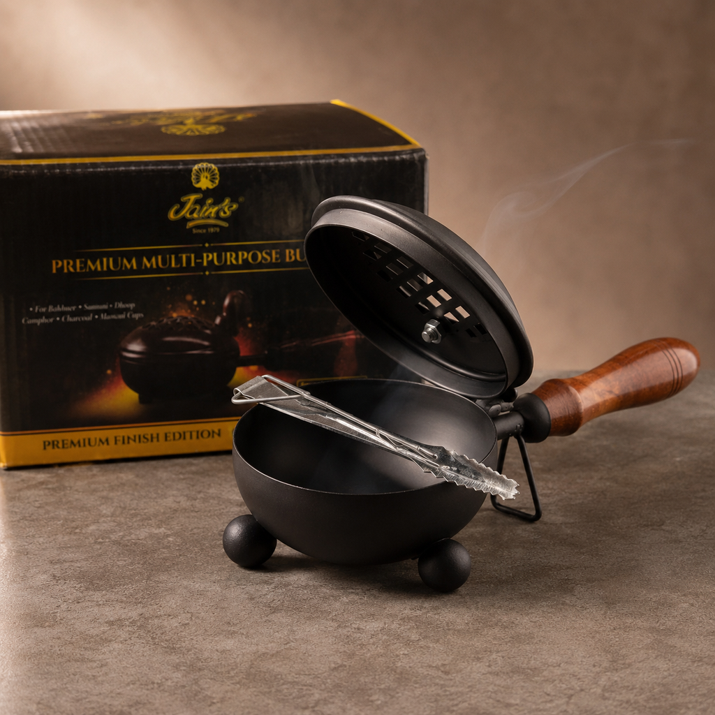 Jain's Premium Multi-Purpose Burner – Handcrafted Iron & Wood Dhoop Dani (with Free Tong)