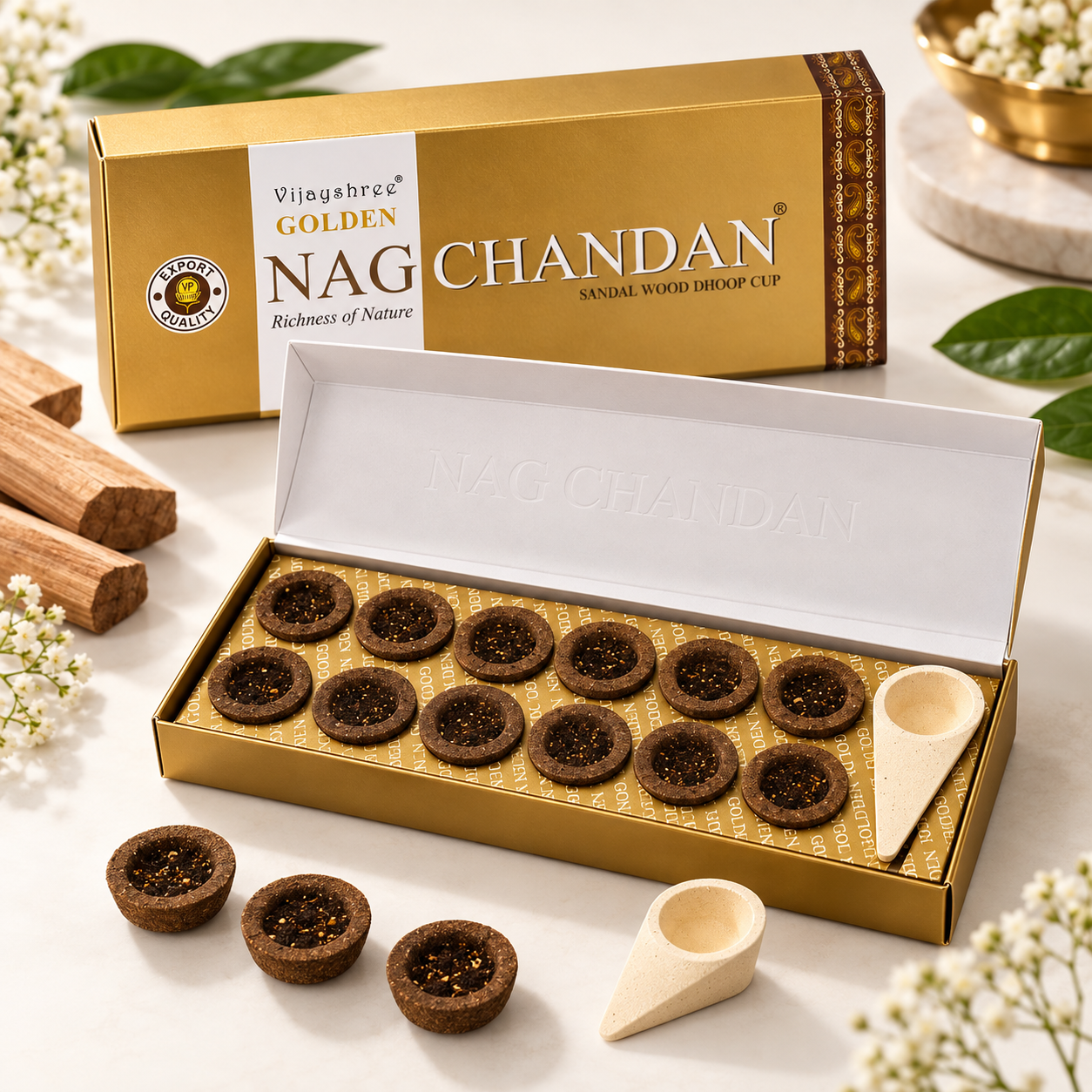 Golden Nag Chandan Cups – 12 Cups with Premium Holder